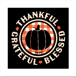 Thankful Grateful Blessed Plaid Pumpkin Fall Thanksgiving Posters and Art